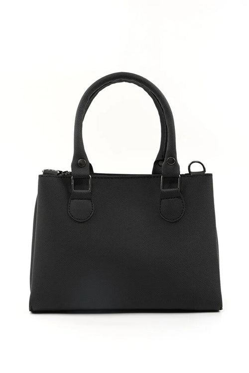 Black Faux Leather Zippered Handbag with 3 Compartments Adjustable Bag