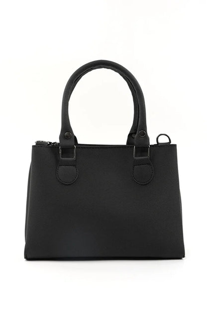 Black Faux Leather Zippered Handbag with 3 Compartments Adjustable Bag